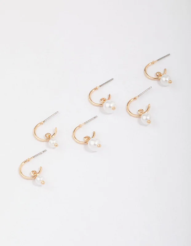 Best hoop earrings with snake-inspired designs for an edgy and fierce vibe-Gold Graduating Pearl Drop Huggie Earring 3-Pack