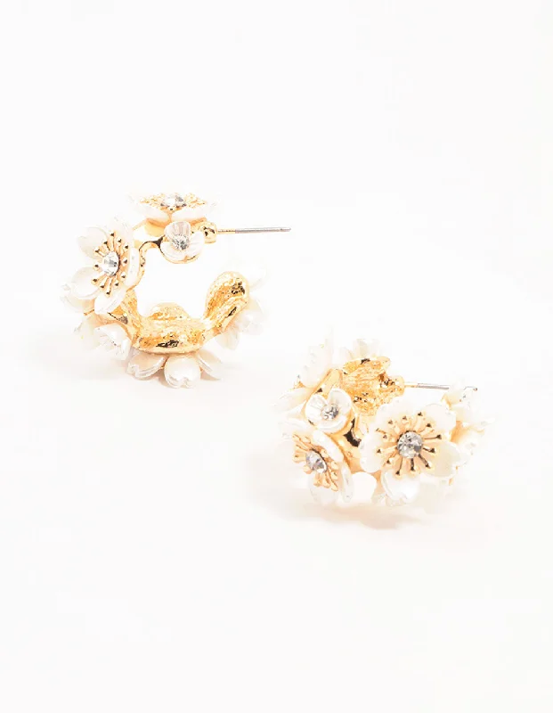 Hoop earrings with intricate designs for a unique and artistic appearance-Gold Pearlised Flower Medium Hoop Earrings