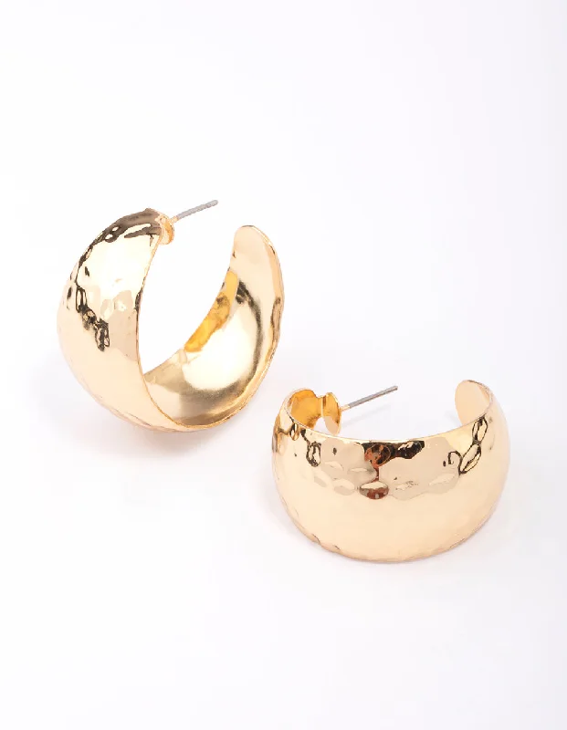 Hoop earrings with heart-shaped frames for a romantic and feminine look-Gold Plated Wide Hammered Hoop Earrings