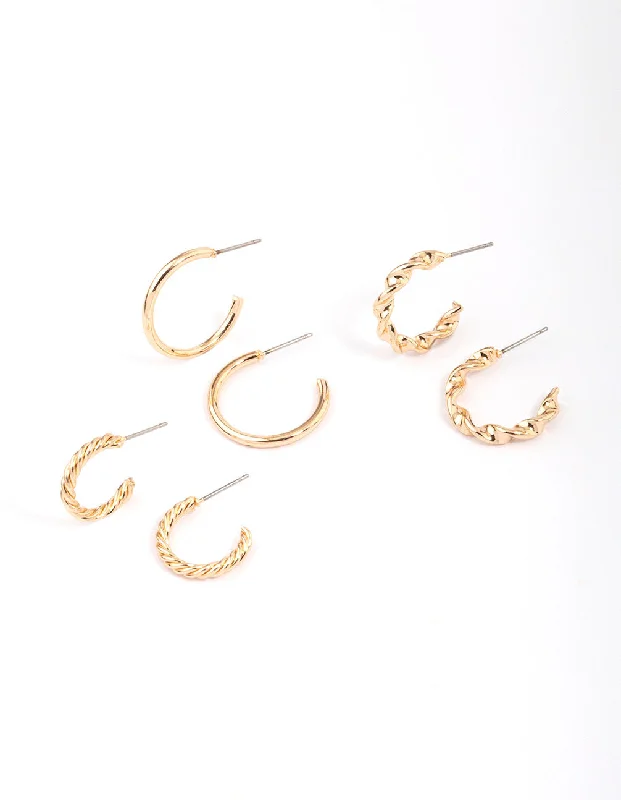 Classic hoop earrings with a thin profile for a sleek and subtle style-Gold Twisted & Polished Hoop Earring 3-Pack