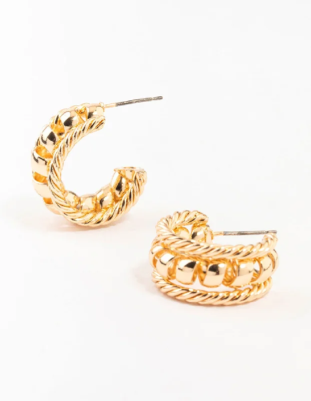 Hoop earrings with enamel stripes for a colorful and eye-catching design-Gold Twisted Rope & Ball Hoop Earrings