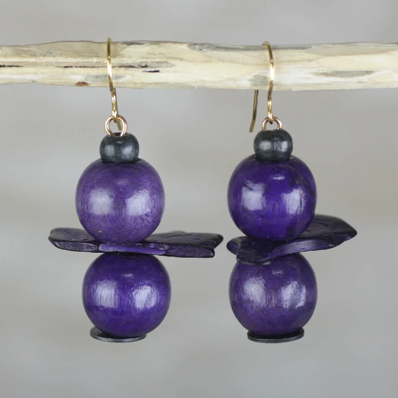 Best hoop earrings with blackened metal for an edgy and bold appearance-Grape Harvest Purple Sese Wood Coconut Shell Stacked Dangle Earrings