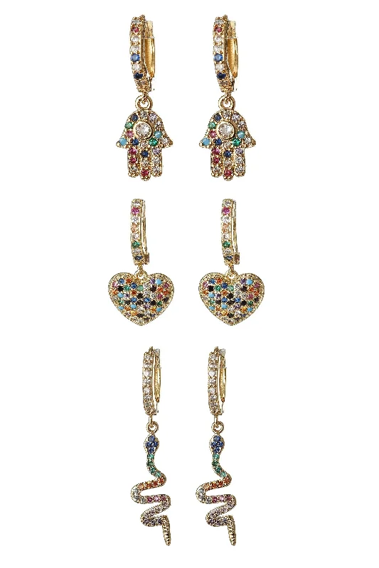 Best hoop earrings with baroque pearls for a luxurious and elegant vibe-Hamsa, Heart and Snake Earring Set