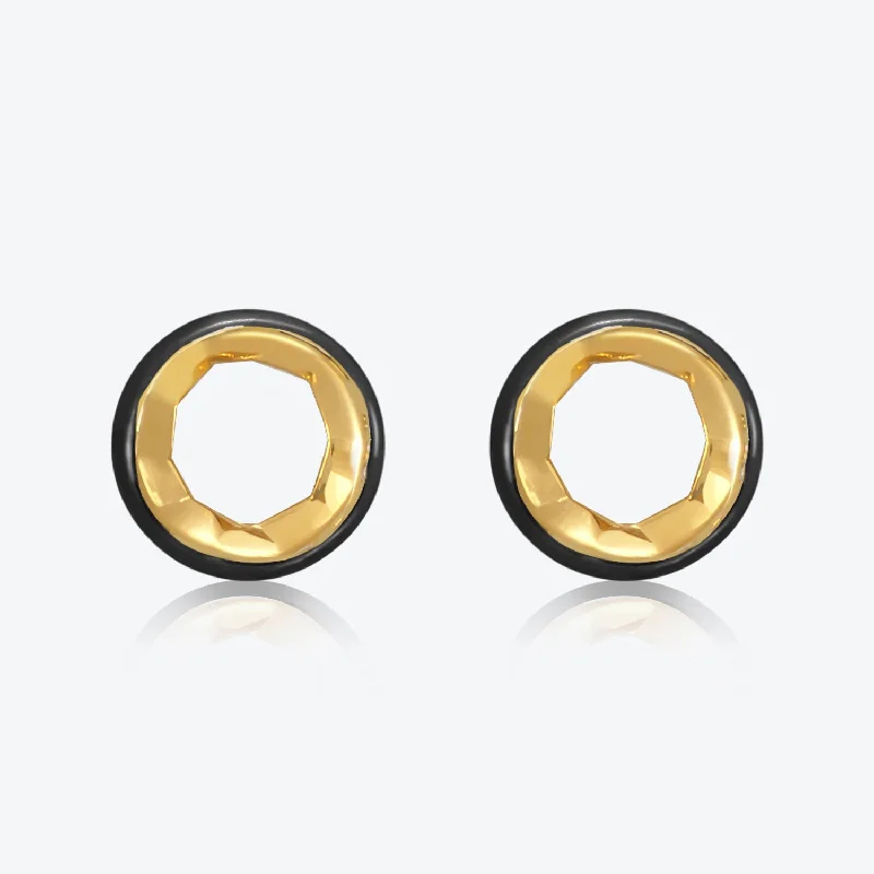 Hoop earrings with snake print designs for an edgy, wild appearance-A. Sun Halo 18K Gold Studs w. Jet Black Enamel