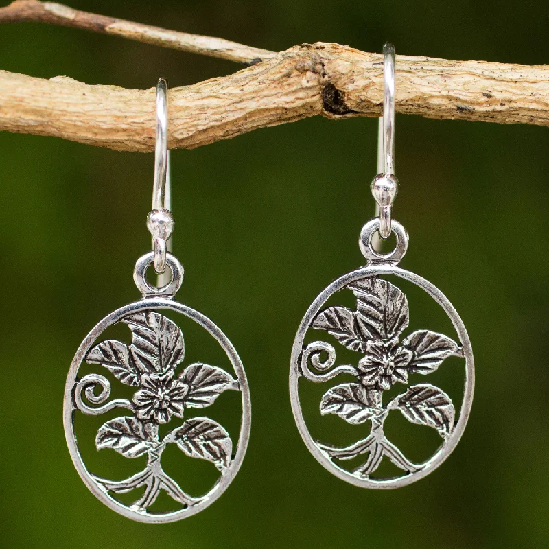 Best hoop earrings with sparkling cubic zirconia for a brilliant, budget-friendly effect-Hollyhocks Thai Artisan Crafted Flower Theme Silver Hook Earrings