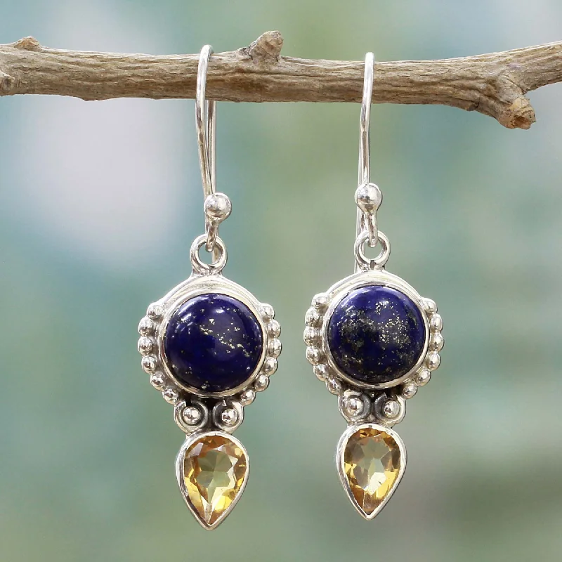 Hoop earrings with satin finishes for a smooth and elegant appearance-Indian Dew Handmade Citrine Lapis Lazuli Dangle Earrings from India