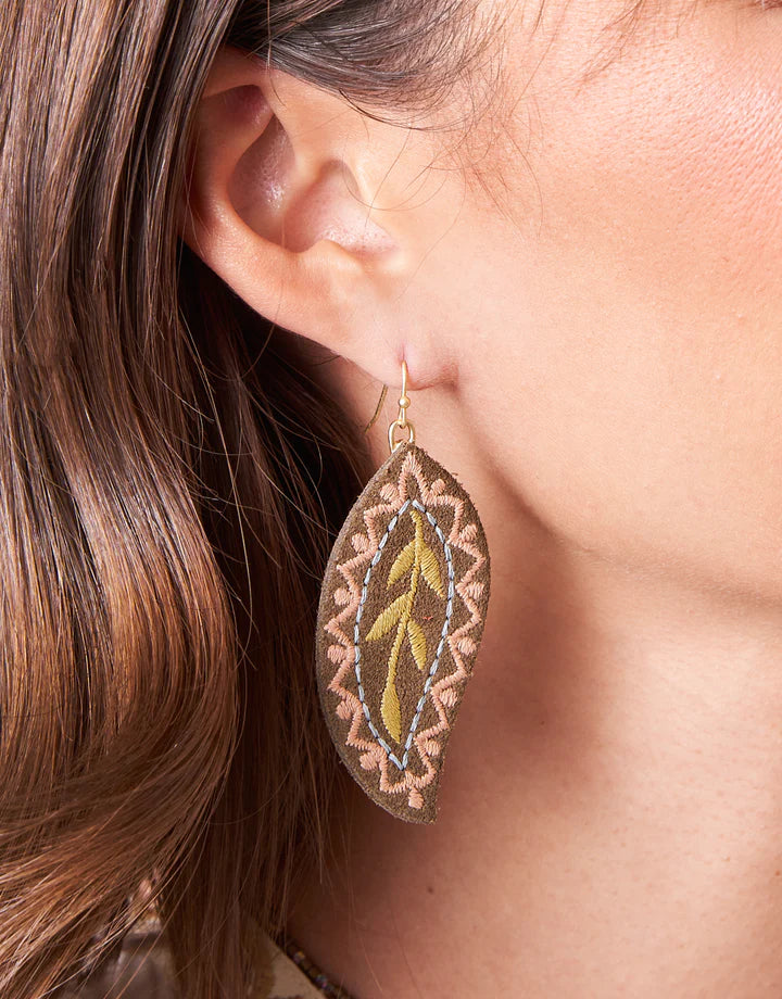 Drop Earrings with Crown Designs -Leaf Embroidered Earrings Olive