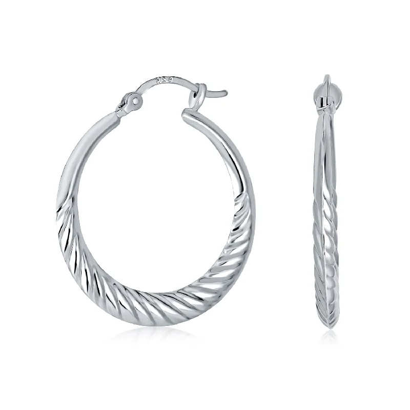 Bohemian Drop Earrings with Tassels -Lightweight Ribbed Shrimp Style Hoop Huggie Earrings Sterling Silver 1.25 Inch