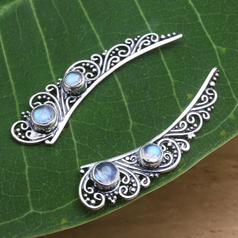 Hoop earrings with rhinestone-studded rims for a glamorous touch-Little Wings Rainbow Moonstone Ear Climber Style Earrings