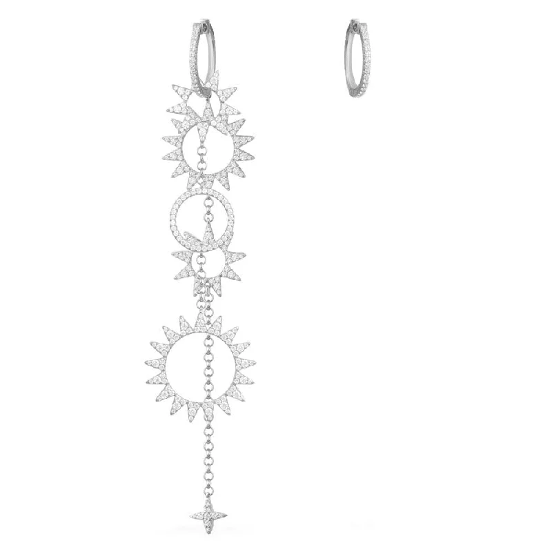 Hoop earrings with artistic filigree designs for an intricate, delicate finish-Long Asymmetric Sun Pendant Earring and Hoop - White Silver