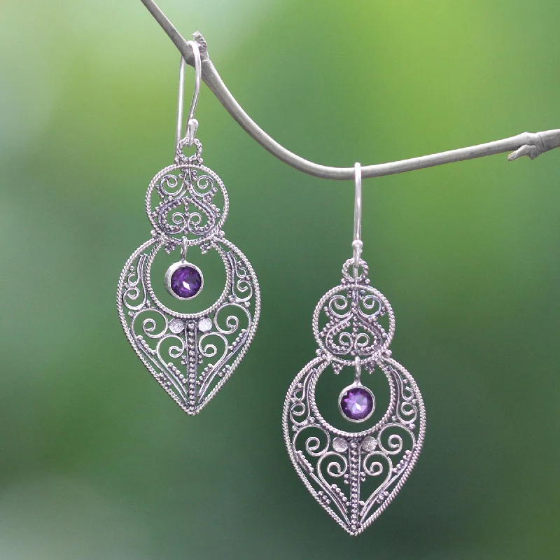 Hoop earrings with circle designs for a classic and timeless shape-Majapahit Glory Amethyst and Sterling Silver Dangle Earrings from Bali