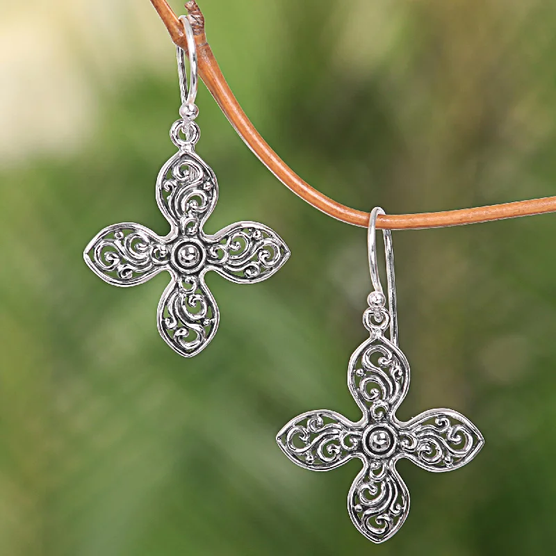 Hoop earrings with textured gold for a refined and sophisticated aesthetic-Melati Cross Handcrafted Floral Silver Cross Shaped Earrings from Bali