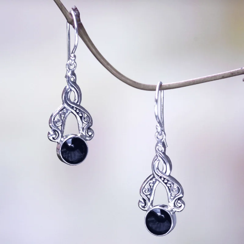 Best hoop earrings with blackened metal for an edgy and bold appearance-Midnight Embrace Handcrafted Silver and Onyx Dangle Earrings from Bali