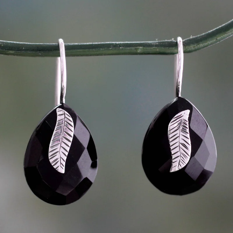 Best hoop earrings with gold for a luxurious and timeless look-Midnight Flora Handmade Black Onyx and Sterling Silver Leaf Earrings