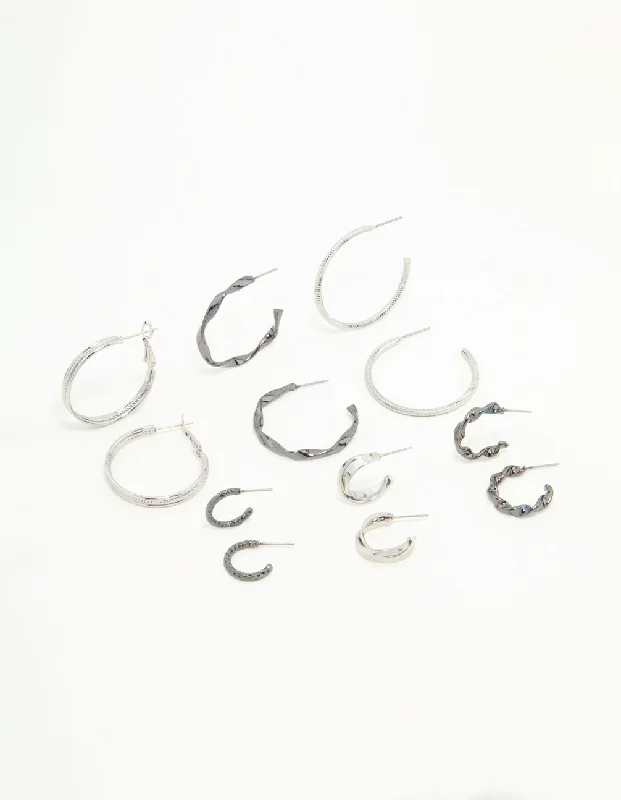 Hoop earrings with twisted leather for a chic and modern boho look-Mixed Shade Silver Twisted & Sleek Hoop Earrings 6-Pack