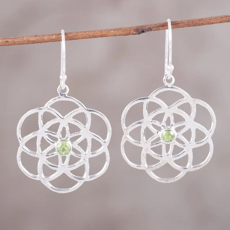 Hoop earrings with hammered copper for a warm and rustic aesthetic-Molecular Flowers Sterling Silver Peridot Molecular Flowers Dangle Earrings