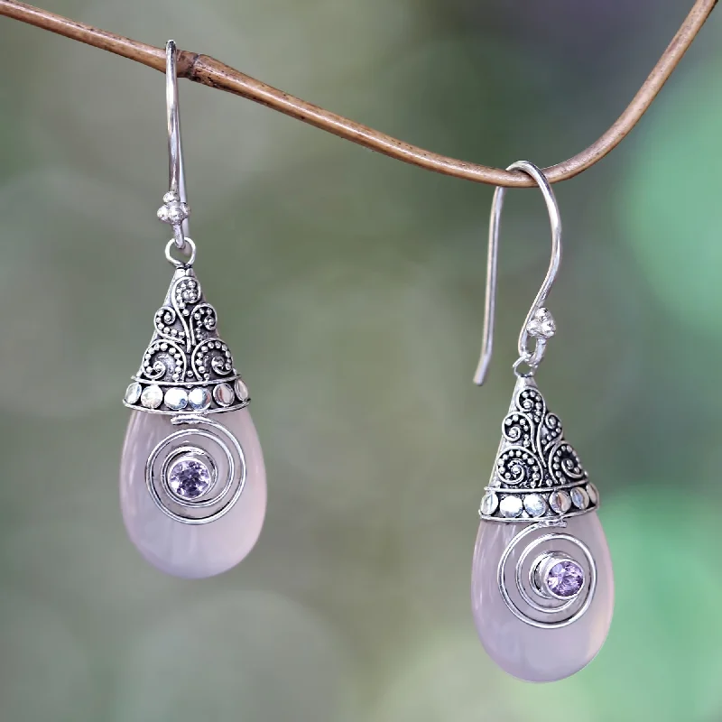 Lightweight hoop earrings for comfortable and all-day wear-Mount Bromo Dawn Rose Quartz and Amethyst Sterling Silver Dangle Earrings