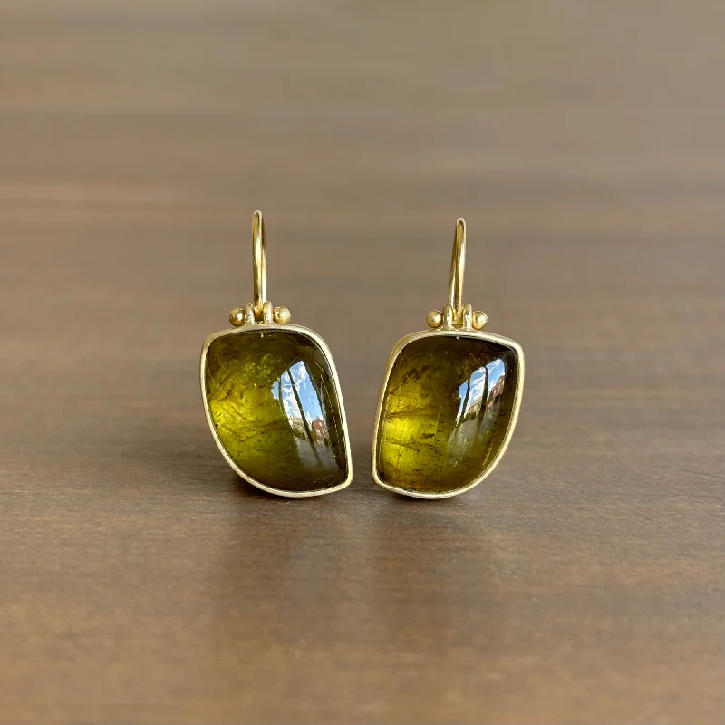 Drop Earrings with Chevron Designs -Olive Tourmaline Leaf Cabochon Earrings