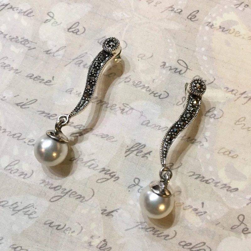 Best hoop earrings with Swarovski crystals for added sparkle and luxury-Pearl Earrings Silver Marcasite Wedding Bridal