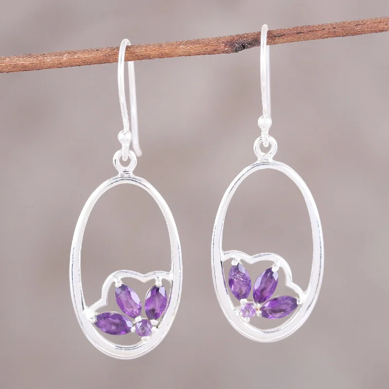 Best hoop earrings with braided leather for a rustic, stylish finish-Petite Violet Handcrafted Amethyst Sterling Silver Oval Dangle Earrings