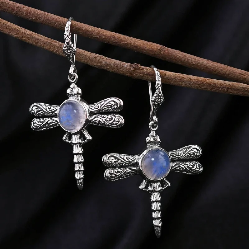 Best hoop earrings with braided leather for a rustic, stylish finish-Rainbow Moonstone Dragonfly Earrings