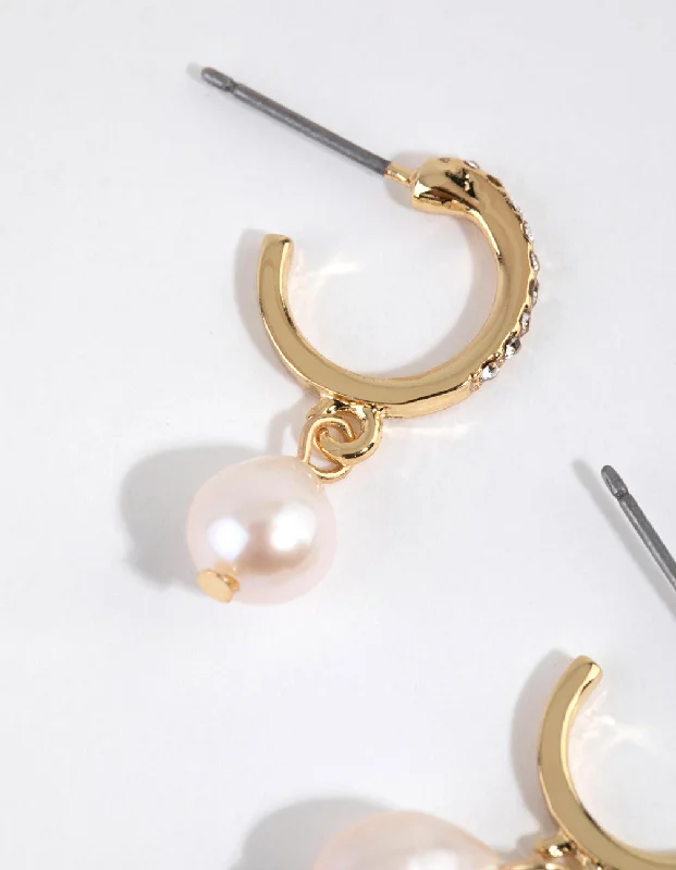 Best hoop earrings with lever-back closures for secure and easy wear-Gold Plated Diamante & Freshwater Pearl Huggie Earrings