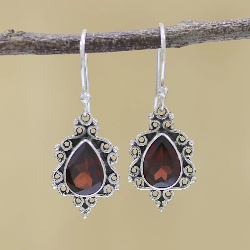 Hoop earrings with diamond-cut surfaces for added sparkle and shine-Red Intricacy Sterling Silver and Garnet Dangle Earrings from India