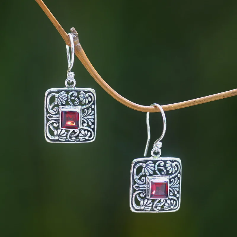 Hoop earrings with crescent moon shapes for a celestial and mystical appearance-Red Lotus Pond Garnet Handcrafted Balinese Sterling Silver Earrings