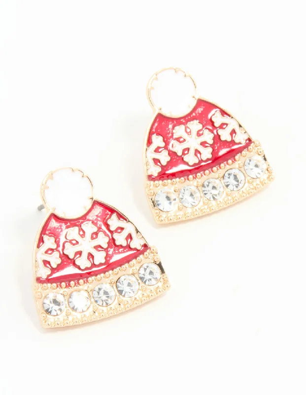 Hoop earrings with cut-out designs for a creative and lightweight effect-Red Winter Beanie Gold Earrings