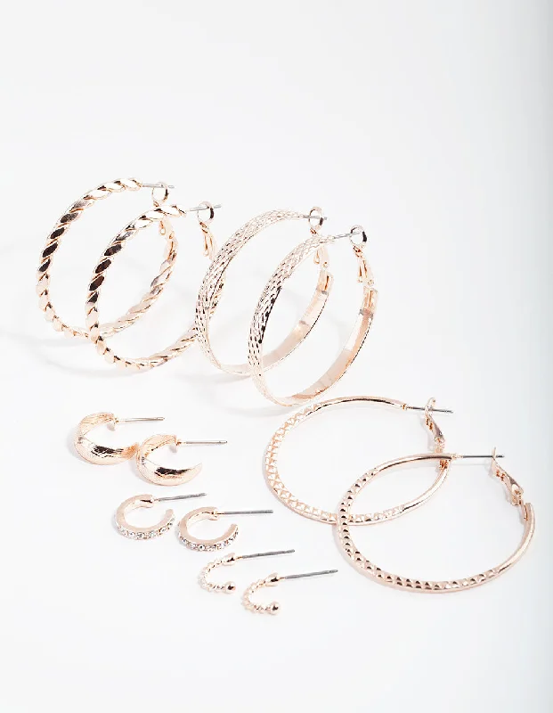 Hoop earrings with hammered textures for a boho-chic and rustic vibe-Rose Gold Etched Twist 6-Pack Hoop Earring