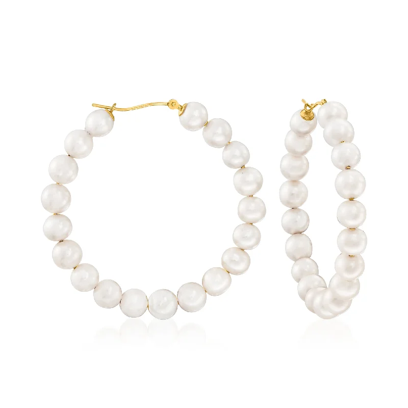 Hoop earrings with satin finishes for a smooth and elegant appearance-Ross-Simons 6-7mm Cultured Pearl Hoop Earrings in 14kt Yellow Gold