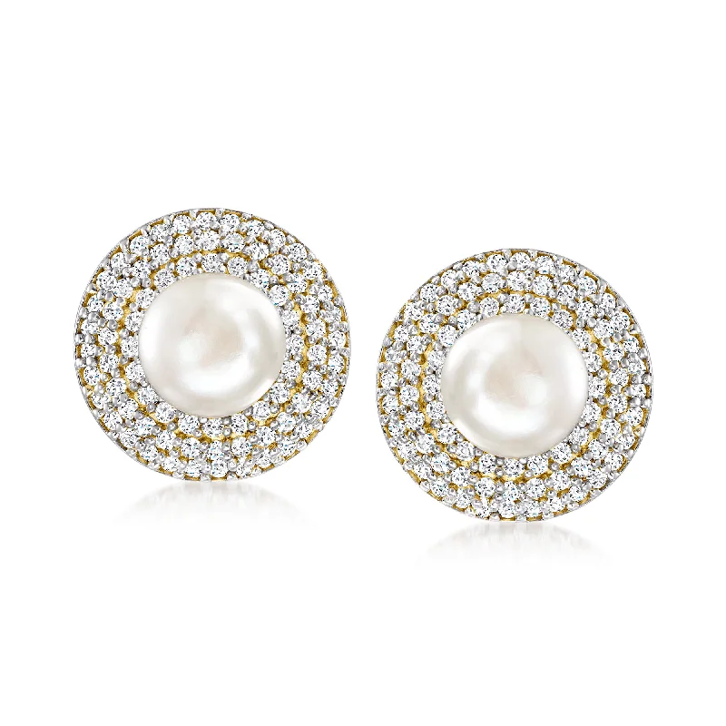 Best hoop earrings with geometric shapes for a modern and artistic appeal-Ross-Simons 8mm Cultured Pearl and White Topaz Earrings in 18kt Gold Over Sterling