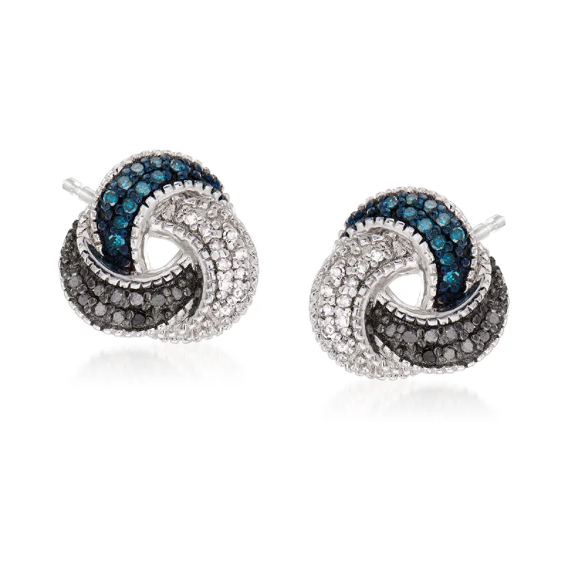 Hoop earrings with multi-tone finishes for a colorful and layered effect-Ross-Simons Blue, Black and White Diamond Love Knot Earrings in Sterling Silver