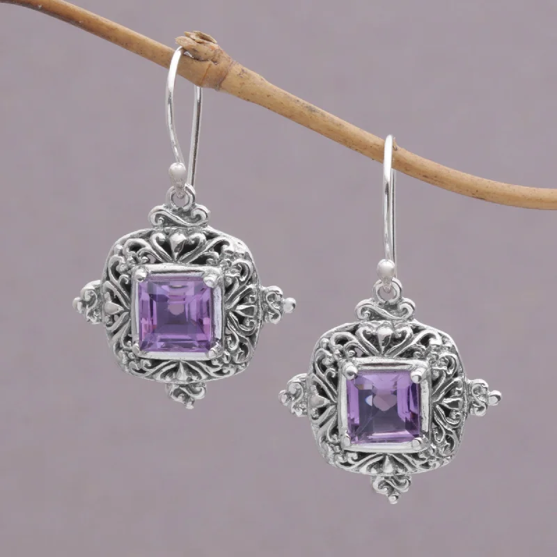 Best hoop earrings with cubic zirconia for a budget-friendly, dazzling look-Sacred Altar Square Amethyst and Sterling Silver Earrings from Bali