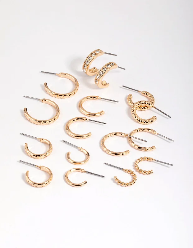 Hoop earrings with rhinestone-studded rims for a glamorous touch-Gold Mixed Diamante Hoop Earring 8-Pack