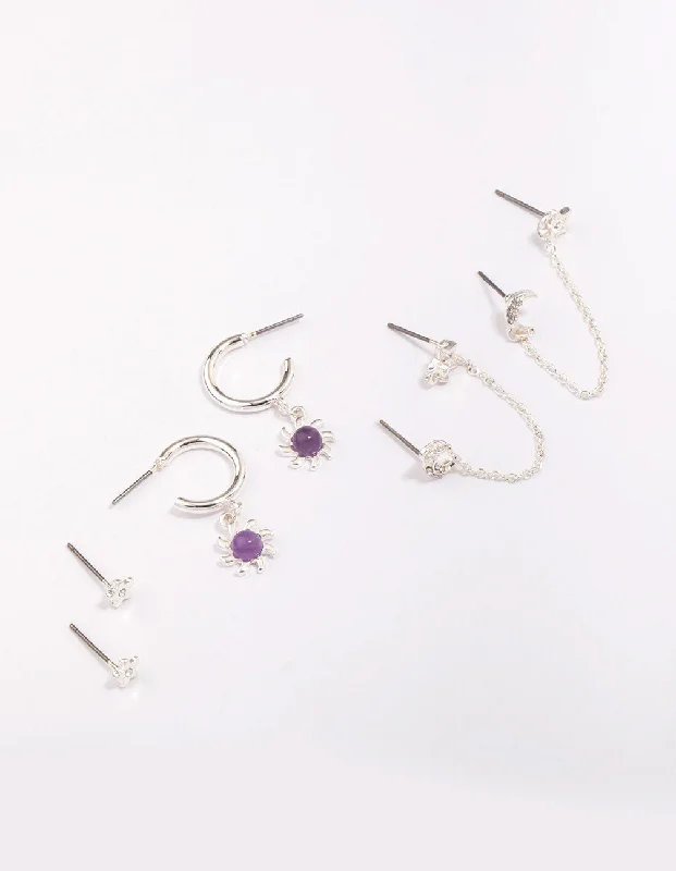 Hoop earrings with satin finishes for a smooth and elegant appearance-Silver Celestial Amethyst Chain Hoop Earring 4-Pack