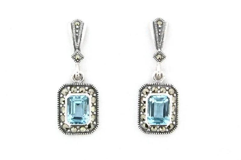 Best hoop earrings with blackened metal for an edgy and bold appearance-Silver Marcasite Blue Topaz Earrings Square Crystal