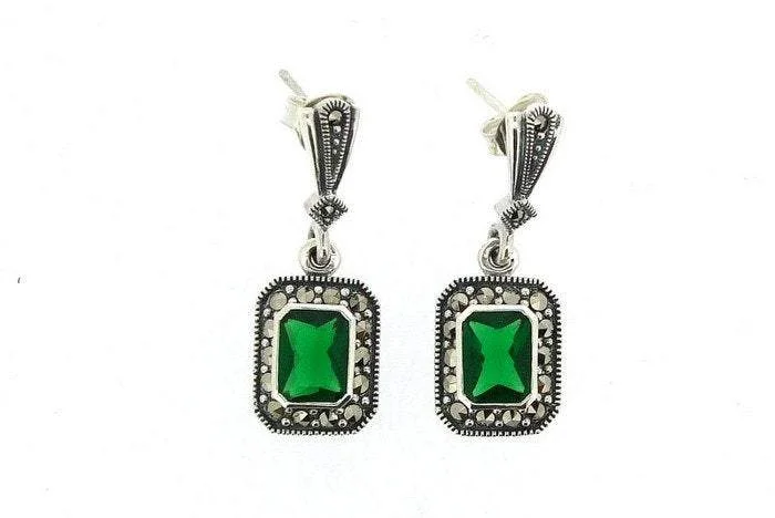 Best hoop earrings with custom engravings for a personalized and meaningful gift-Silver Marcasite Emerald Earrings Square Green Crystal