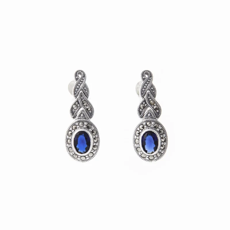 Hoop earrings with tortoiseshell designs for a chic and classic style-Silver Marcasite Sapphire Earrings Oval Blue Crystal