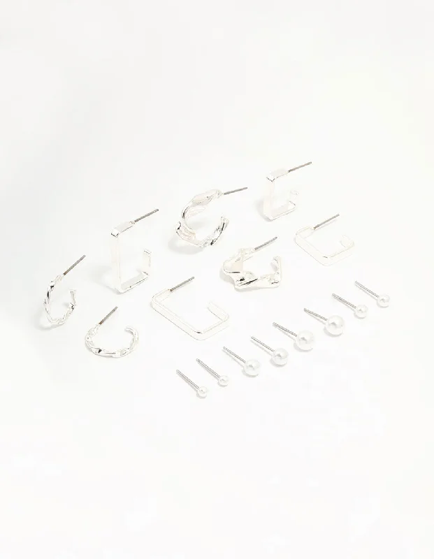 Hoop earrings with oversized designs for a bold, fashion-forward statement-Silver Pearl & Mixed Shape Hoop Earrings 8-Pack