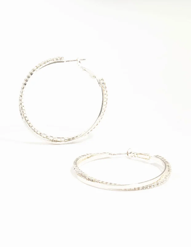 Best hoop earrings with geometric hexagon shapes for a modern, angular look-Silver Smooth Cup Chain Diamante Hoop Earrings