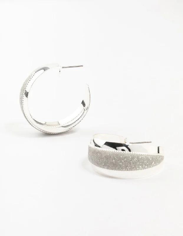 Large hoop earrings for a bold and statement-making fashion accessory-Silver Wide Pointed Glitter Hoop Earrings