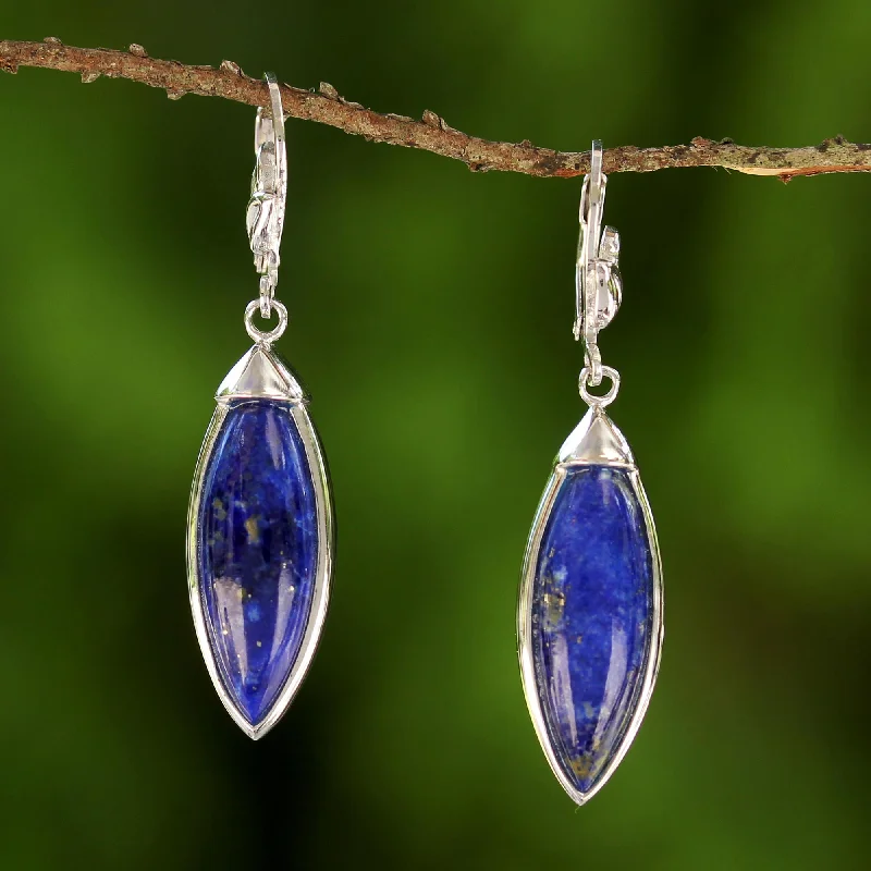 Hoop earrings with crescent moon shapes for a celestial and mystical appearance-Spatial Blue Rhodium Plated Lapis Lazuli Dangle Earrings from Thailand