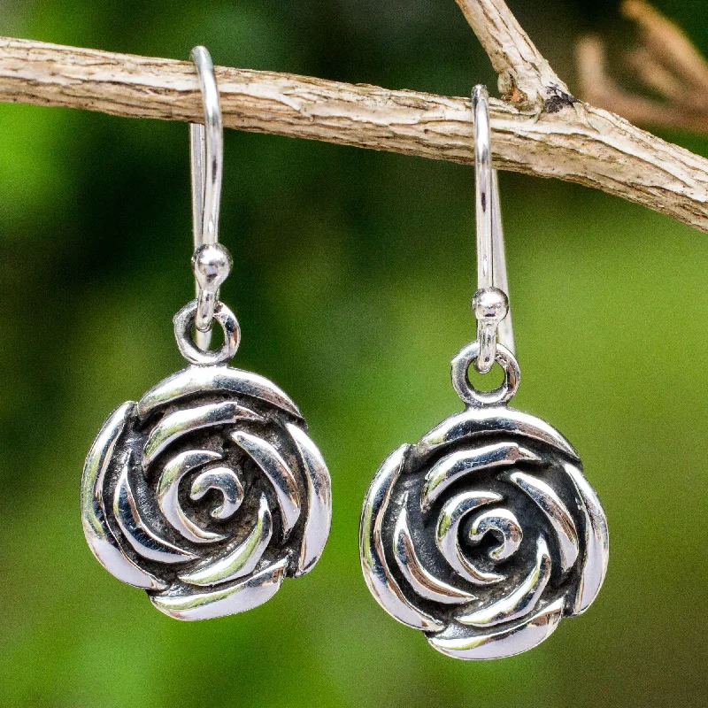 Best hoop earrings with marbled designs for a trendy and artistic effect-Spiral Rose Roses in Handcrafted Sterling Silver Hook Earrings