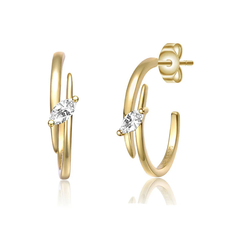 Hoop earrings with abstract shapes for an artistic and creative touch-Sterling Silver 14k Gold Plated Cubic Zirconia Double Curve C-Hoop Earrings