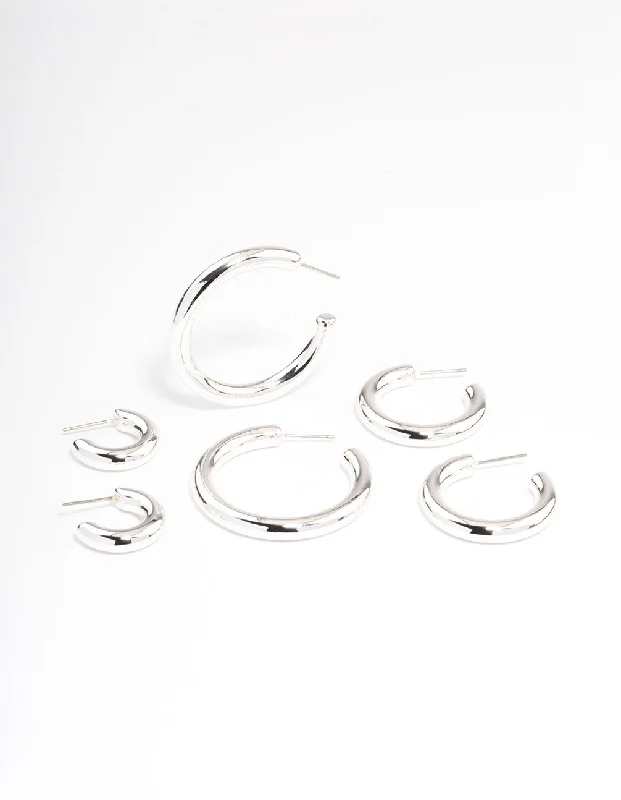 Best hoop earrings with cubic zirconia for a budget-friendly, dazzling look-Silver Puffy Mixed Hoop Earrings Pack