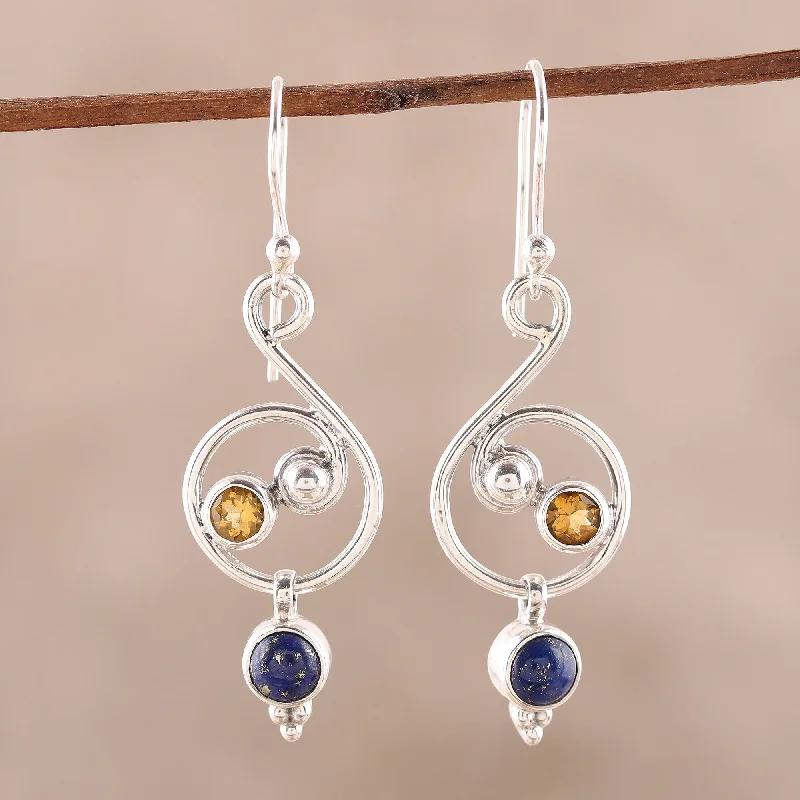 Best hoop earrings with butterfly motifs for a playful and whimsical appearance-Swirling Royal Lapis Lazuli and Citrine Earrings Crafted in India