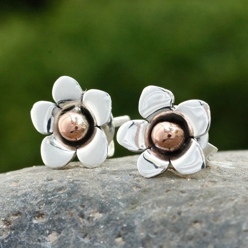 Hoop earrings with braided patterns for a detailed and textured finish-Taxco Wildflower Hand Made Floral Fine Silver Button Earrings from Mexico