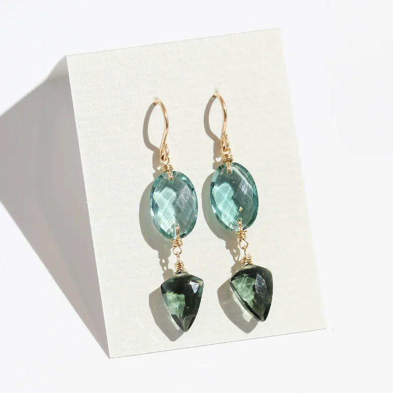 Gold Drop Earrings for Women -Teal and Olive Quartz Earrings