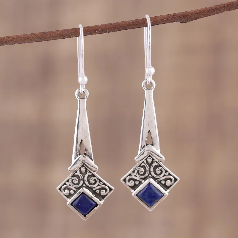 Hoop earrings with cut-out designs for a creative and lightweight effect-Timekeeper Lapis Lazuli and Sterling Silver Dangle Earrings from India